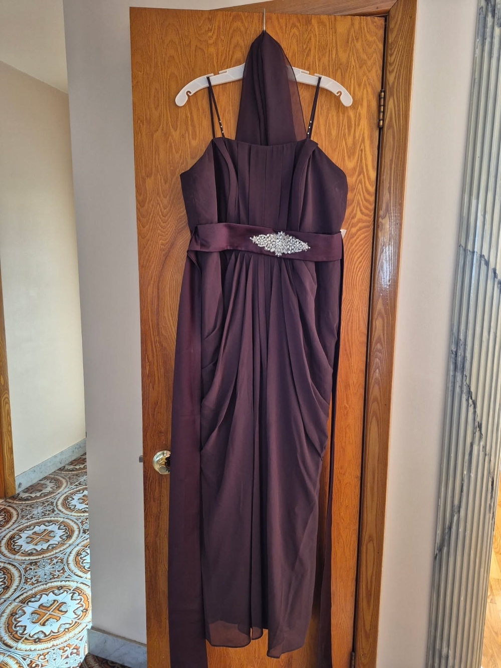 David's Bridal Deep Chocolate Brown Halter Evening Gown with Jeweled Waist